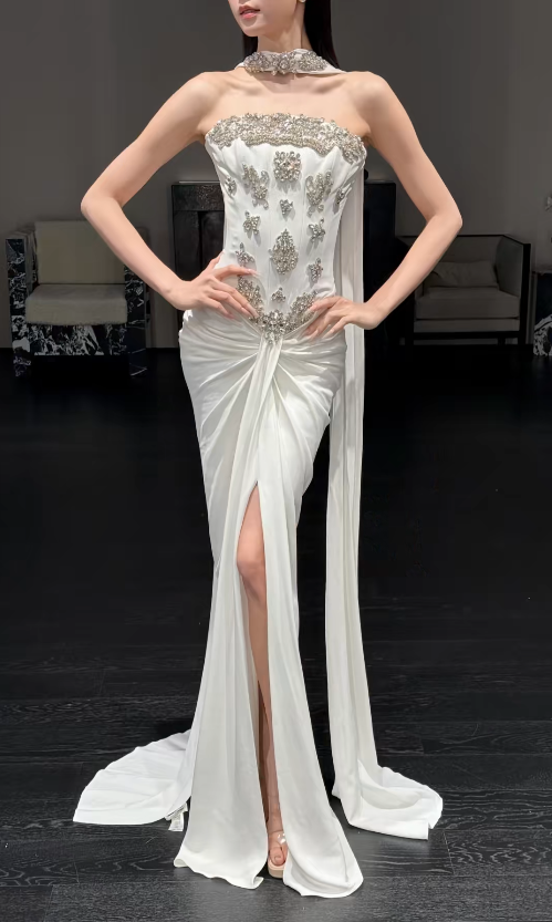 Timeless Strapless White Wedding Dress Chiffon Beaded Bridal Dress Sheath Bridal Gown ED09038