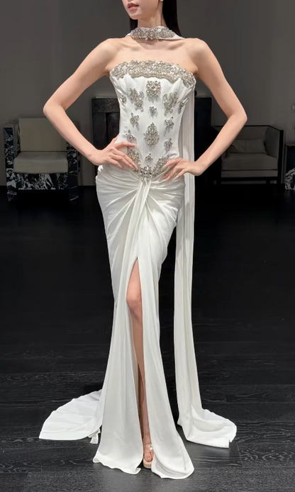 Timeless Strapless White Wedding Dress Chiffon Beaded Bridal Dress Sheath Bridal Gown ED09038