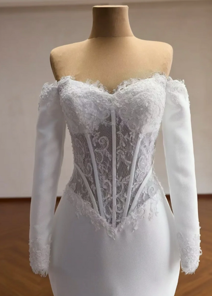 Timeless Off-shoulder White Wedding Dress Mermaid Bridal Gown Tulle Appliques Bridal Dress ED09040