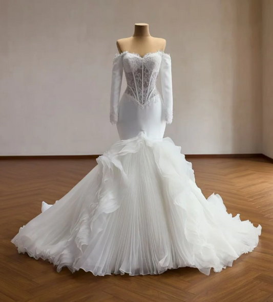 Timeless Off-shoulder White Wedding Dress Mermaid Bridal Gown Tulle Appliques Bridal Dress ED09040