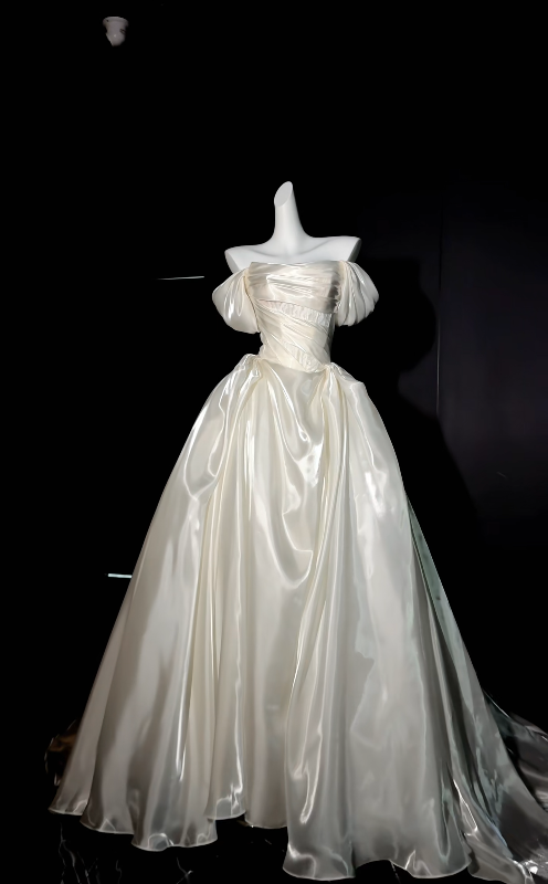Timeless Off-shoulder White Wedding Dress A-Line Bridal Gown Satin Appliques Bridal Dress  ED09041