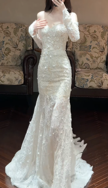 Timeless Sweetheart White Wedding Dress Mermaid Bridal Gown Lace Appliques Bridal Dress ED09044