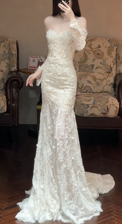 Timeless Sweetheart White Wedding Dress Mermaid Bridal Gown Lace Appliques Bridal Dress ED09044