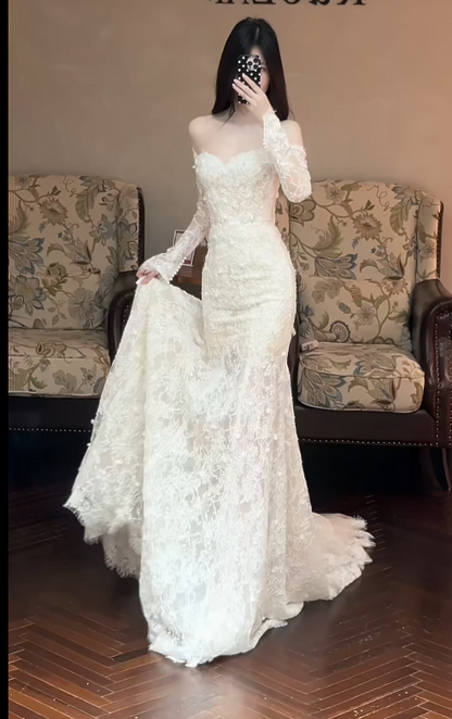 Timeless Sweetheart White Wedding Dress Mermaid Bridal Gown Lace Appliques Bridal Dress ED09044