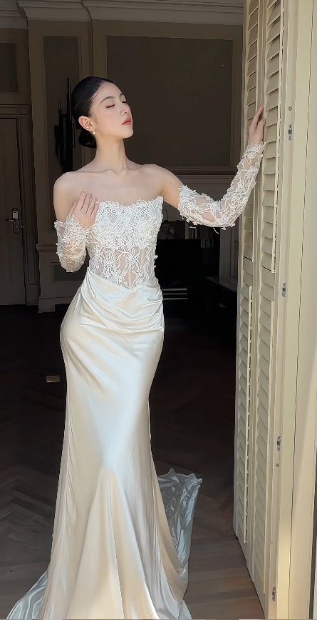 Timeless Sweetheart Light Champagne Wedding Dress Mermaid Bridal Gown Satin Lace Bridal Dress ED09045