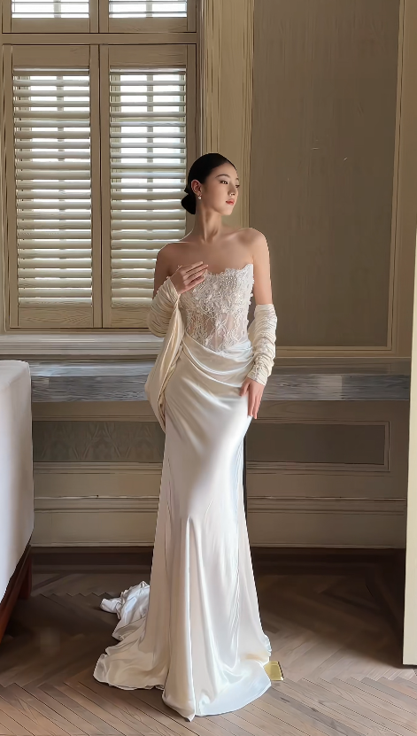 Timeless Sweetheart Light Champagne Wedding Dress Mermaid Bridal Gown Satin Lace Bridal Dress ED09045