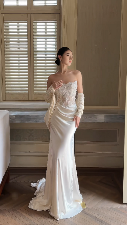 Timeless Sweetheart Light Champagne Wedding Dress Mermaid Bridal Gown Satin Lace Bridal Dress ED09045