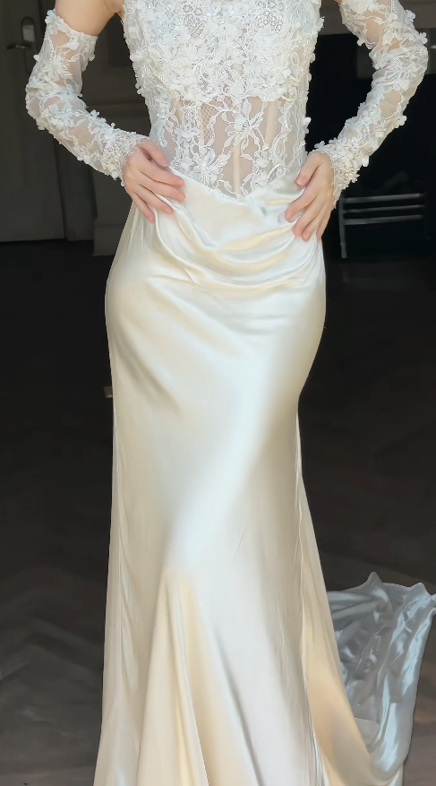 Timeless Sweetheart Light Champagne Wedding Dress Mermaid Bridal Gown Satin Lace Bridal Dress ED09045