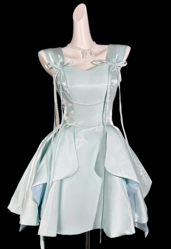 Elegantes himmelblaues Hoco-Kleid mit Trägern, A-Linie, Geburtstagskleid, Satin-Partykleid ED09048