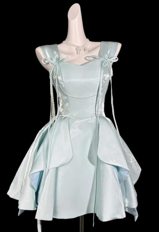 Chic Tiffany Blue Hoco Dress Straps A-Line Birthday Dress Satin Party Dress  ED09048
