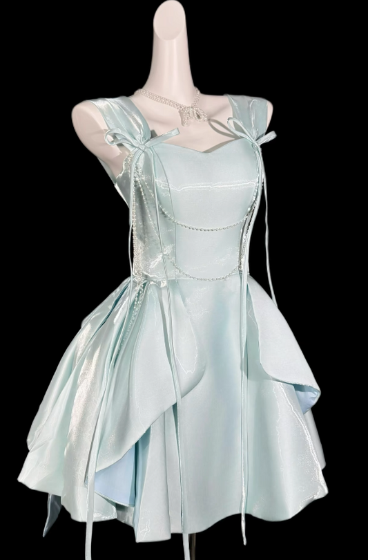 Chic Tiffany Blue Hoco Dress Straps A-Line Birthday Dress Satin Party Dress  ED09048