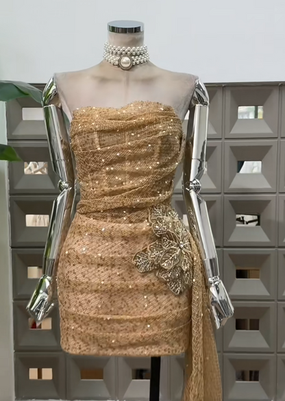 Chic Gold Hoco Dress Strapless Sheath Birthday Dress Tulle Party Dress  ED09049