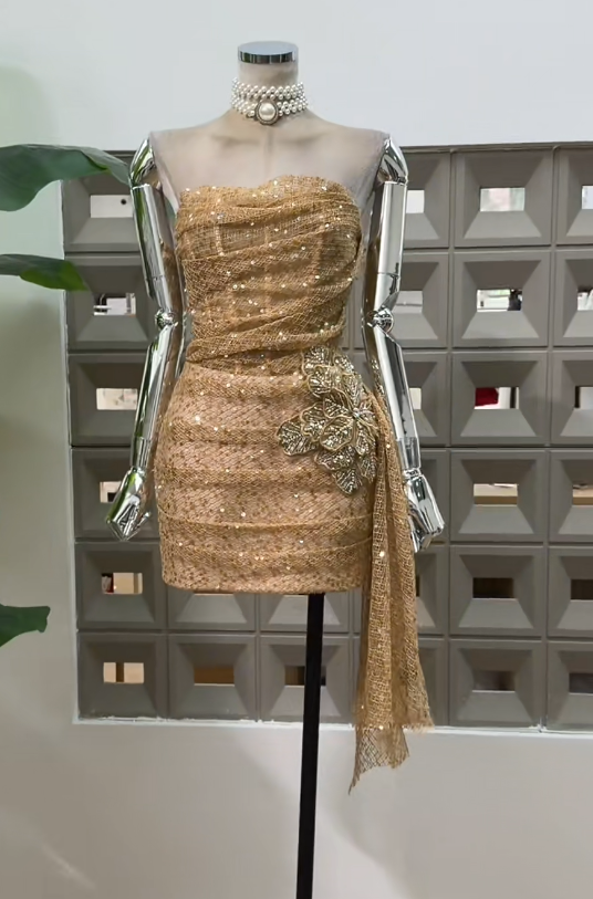 Chic Gold Hoco Dress Strapless Sheath Birthday Dress Tulle Party Dress  ED09049