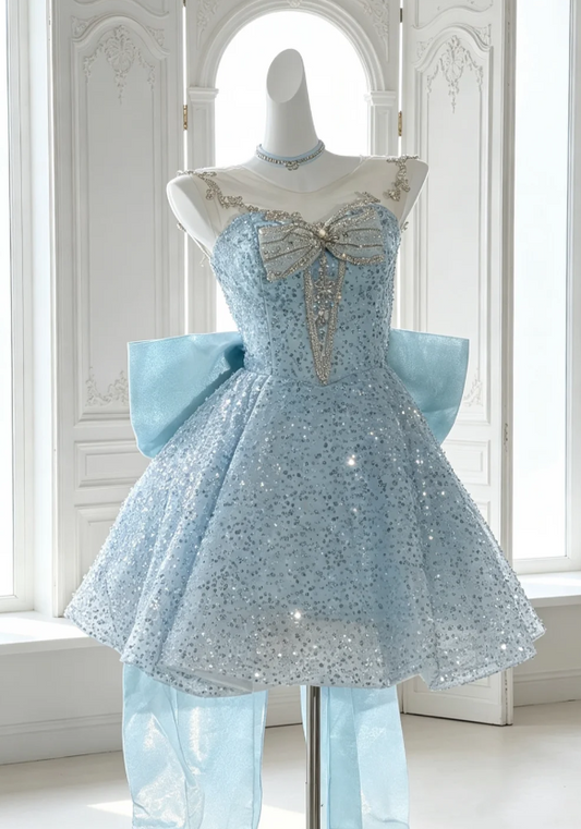 Chic Blue Hoco Dress Round Neck A-Line Birthday Dress Tulle Party Dress   ED09051
