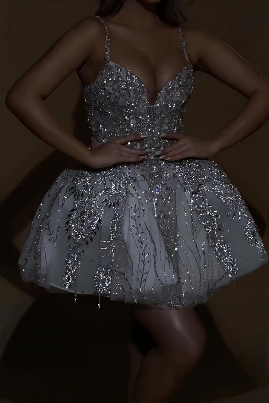 Chic White Hoco Dress Spaghetti Straps A-Line Birthday Dress Sequins Tulle Party Dress ED09055