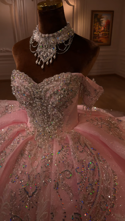 Gorgeous Pink Quinceanera Dress Off-shoulder Ball Gown Tulle Sweet 16 Dress ED09056