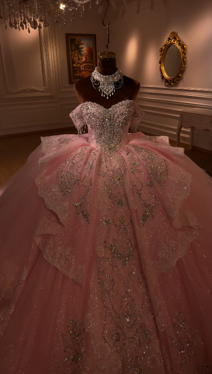 Gorgeous Pink Quinceanera Dress Off-shoulder Ball Gown Tulle Sweet 16 Dress ED09056