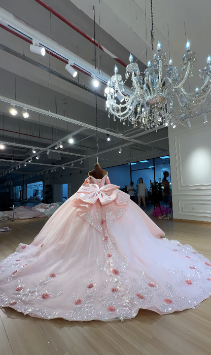 Gorgeous Pink Quinceanera Dress Off-shoulder Ball Gown Tulle Sweet 16 Dress ED09057