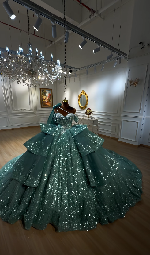 Gorgeous Jade Quinceanera Dress Off-shoulder Ball Gown Sequins Tulle Sweet 16 Dress ED09058