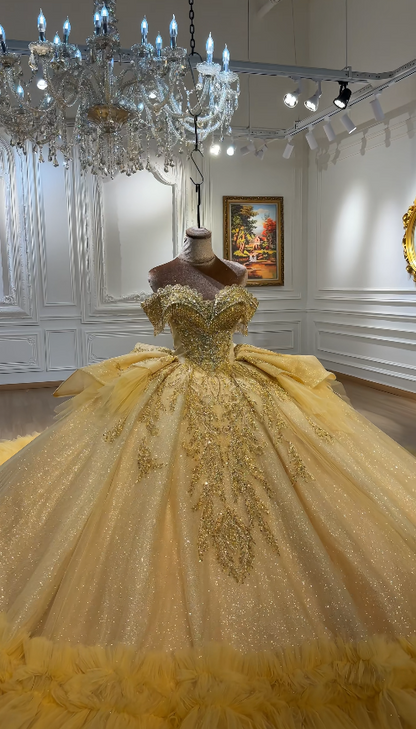 Gorgeous Yellow Quinceanera Dress Off-shoulder Ball Gown Beaded Tulle Sweet 16 Dress ED09060
