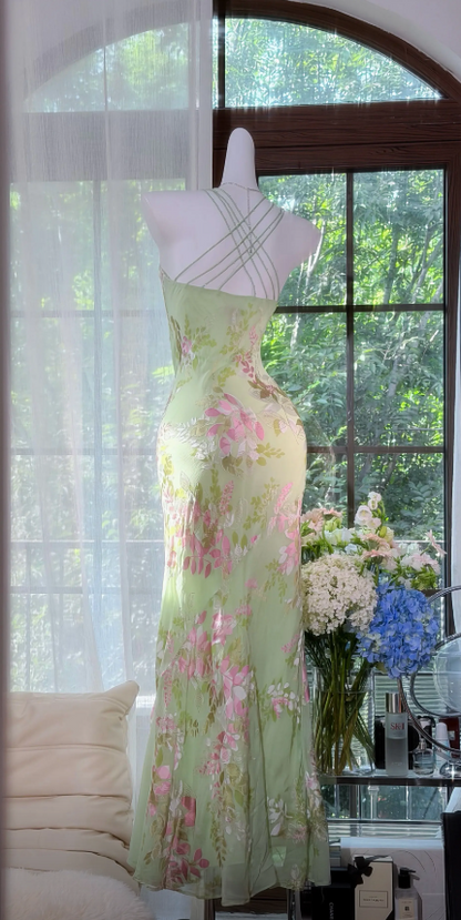 Vintage Grünes Ballkleid Träger Scheide Chiffon Langes Abendkleid ED09061