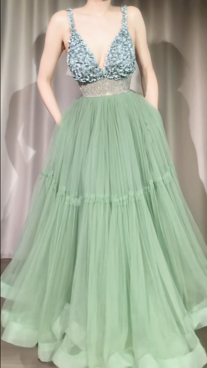 Vintage Green Prom Dress Straps A-Line Tulle Long Evening Dress ED09063