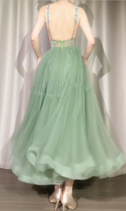 Vintage Green Prom Dress Straps A-Line Tulle Long Evening Dress ED09063