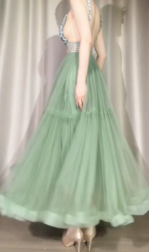 Vintage Green Prom Dress Straps A-Line Tulle Long Evening Dress ED09063