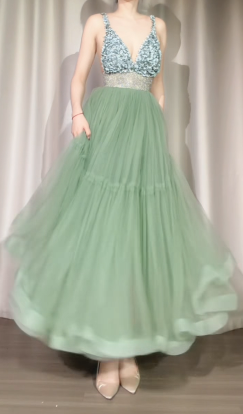 Vintage Green Prom Dress Straps A-Line Tulle Long Evening Dress ED09063