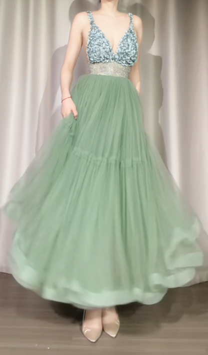 Vintage Green Prom Dress Straps A-Line Tulle Long Evening Dress ED09063