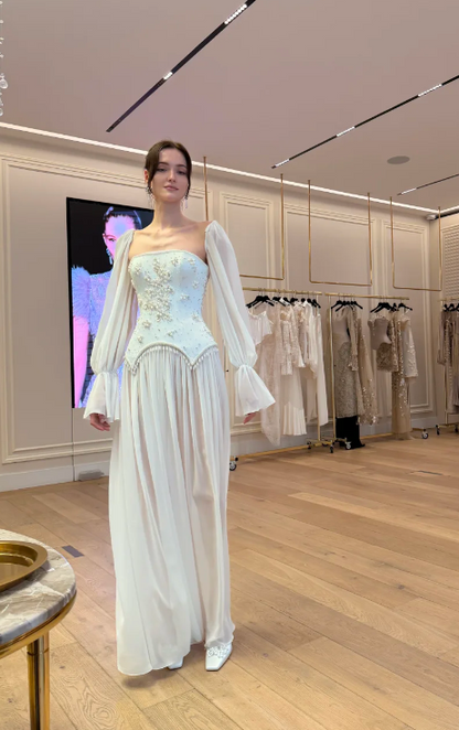 Fashion White Prom Dress Strapless Sheath Chiffon Long Evening Dress ED09064