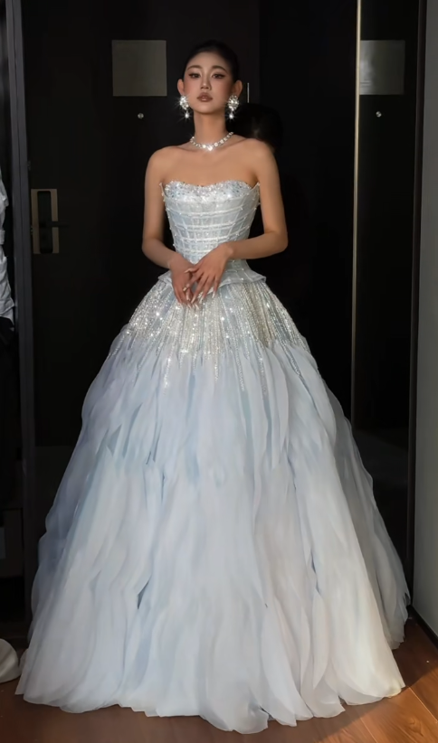 Fashion Light Blue Prom Dress Strapless A-Line Tulle Long Evening Dress ED09066