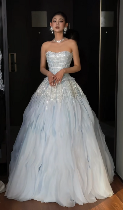 Fashion Light Blue Prom Dress Strapless A-Line Tulle Long Evening Dress ED09066