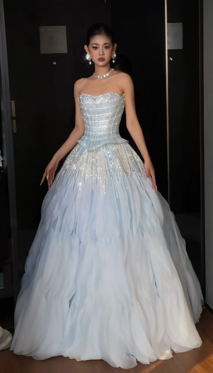 Fashion Light Blue Prom Dress Strapless A-Line Tulle Long Evening Dress ED09066