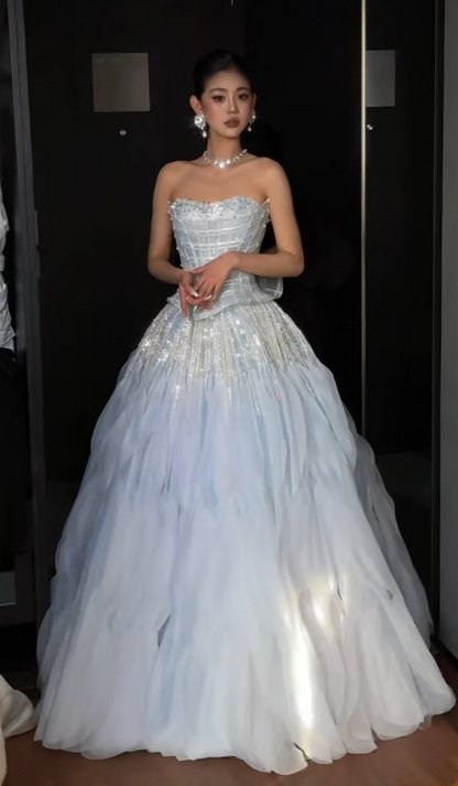 Fashion Light Blue Prom Dress Strapless A-Line Tulle Long Evening Dress ED09066