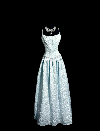Fashion Blue Prom Dress Straps A-Line Satin Long Evening Dress ED09069