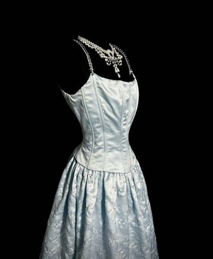 Fashion Blue Prom Dress Straps A-Line Satin Long Evening Dress ED09069