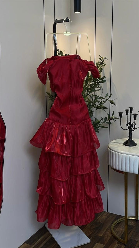 Chic Burgundy Prom Dress Off-shoulder A-Line Satin Long Evening Dress  ED09071