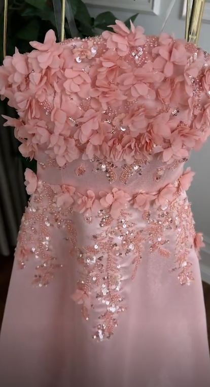 Chic Pink Prom Dress Strapless A-Line Satin Applique Long Evening Dress ED09073