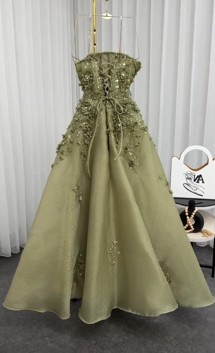 Chic Olive Green Prom Dress Strapless A-Line Tulle Applique Long Evening Dress ED09074