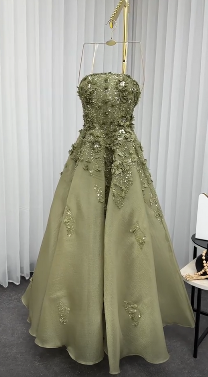 Chic Olive Green Prom Dress Strapless A-Line Tulle Applique Long Evening Dress ED09074