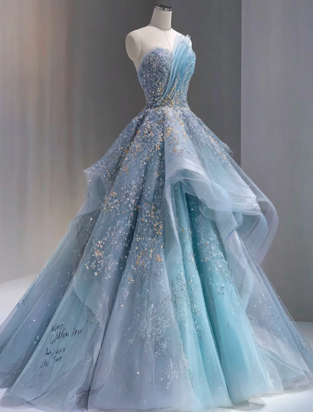 Elegantes blaues Ballkleid, eine Schulter, A-Linie, Tüll, Perlenstickerei, langes Abendkleid ED09075