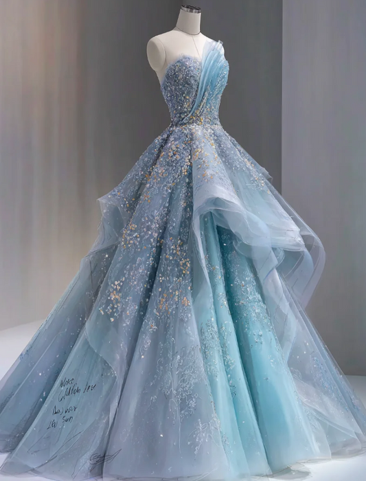 Chic Blue Prom Dress One-shoulder A-Line Tulle Beaded Long Evening Dress  ED09075