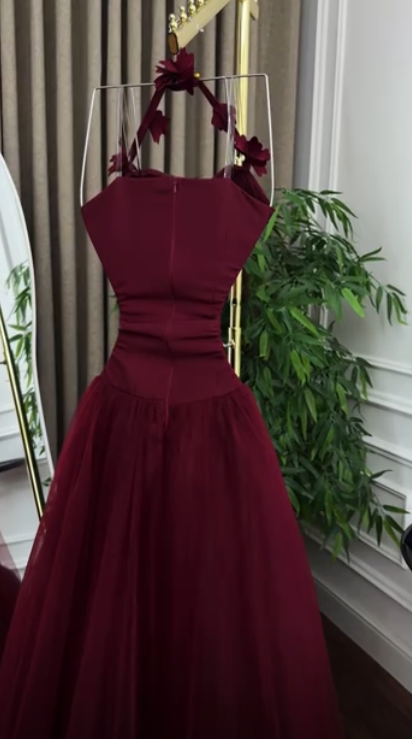 Chic Burgundy Prom Dress Halter A-Line Tulle Applique Long Evening Dress ED09076