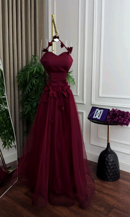 Chic Burgundy Prom Dress Halter A-Line Tulle Applique Long Evening Dress ED09076