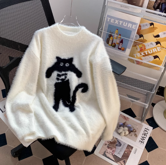 Pullover im adretten Katzenmuster im japanischen Stil ED0907