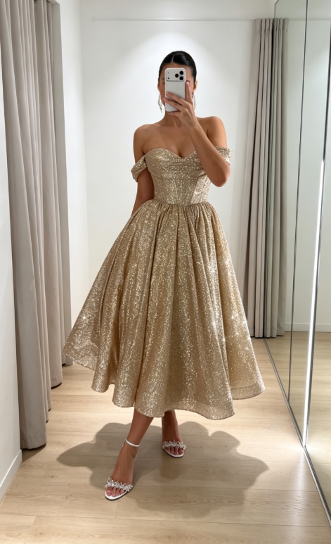 Cute Gold Evening Dress Off-shoulder A-Line Birthday Dress Tulle Prom Dress ED09080