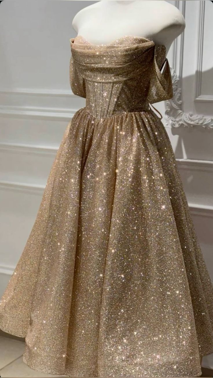 Cute Gold Evening Dress Off-shoulder A-Line Birthday Dress Tulle Prom Dress ED09080