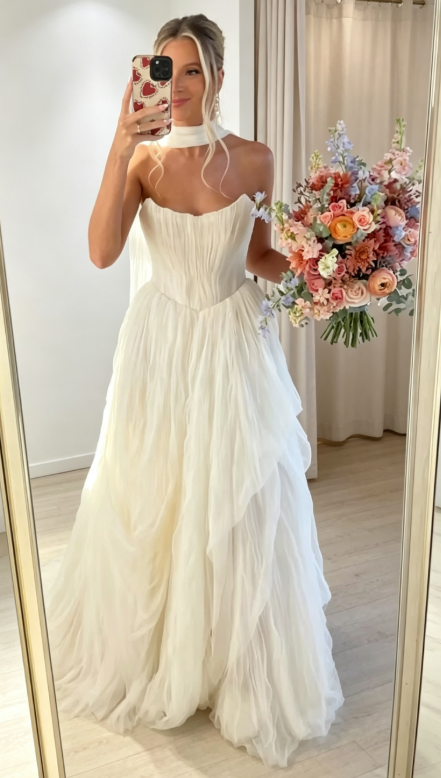 Modest A-Line White Wedding Dress Tulle Bridal Dress Sleeveless Bridal Gown ED09084