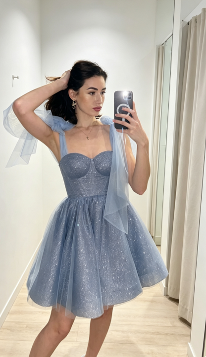 Fashion Blue Hoco Dress Straps A-Line Birthday Dress Tulle Dress for Party Dress ED09088